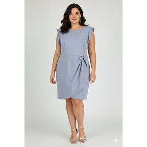 DKNY Periwinkle Faux Wrap Sheath Dress Flutter Sleeve Buckle Waist Womens 16 NWT